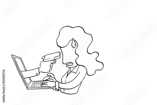 Female worker at gun point. Hand with gun appear from laptop. Cyber security risk Female worker pointed at the gun