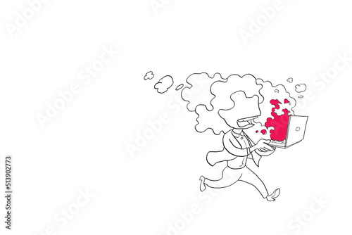 Female worker panicked because her laptop burning. Concept of overwork. Cartoon vector illustration design