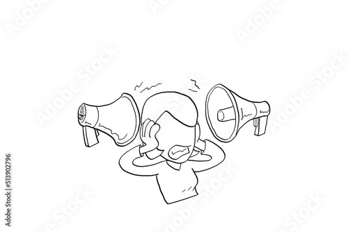Stress business woman stressed because of noise. Stress at work concept. Cartoon vector illustration design