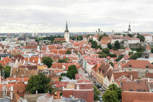 Tallinn, Estonia - June 22, 2022: Streets of the old town from a bird's eye view
