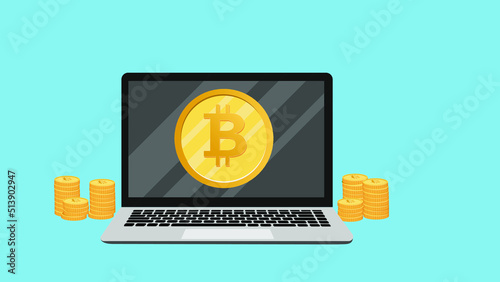 Bitcoin mining concept vector illustration. The cartoon style of a computer laptop with cryptocurrency coins on the screen.