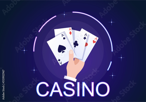 Casino Cartoon Illustration with Buttons, Slot Machine, Roulette, Poker Chips and Playing Cards for Gambling Style Design