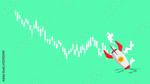Bitcoin rocket crashed on the land. Bitcoin price fall down causing a huge loss of concept vector illustration