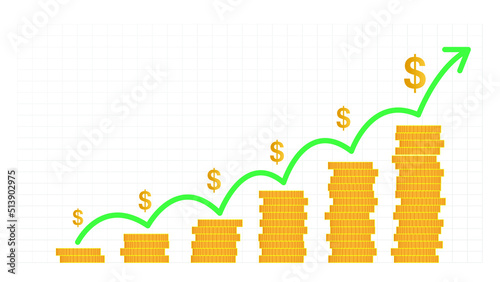 Money gold coin growth concept vector illustration. Stacks of gold coins like income graph with dollar