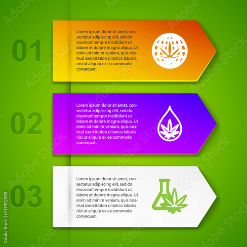 Set line Legalize marijuana, Marijuana or cannabis leaf oil, Test tube with and Shopping bag of. Business infographic template. Vector