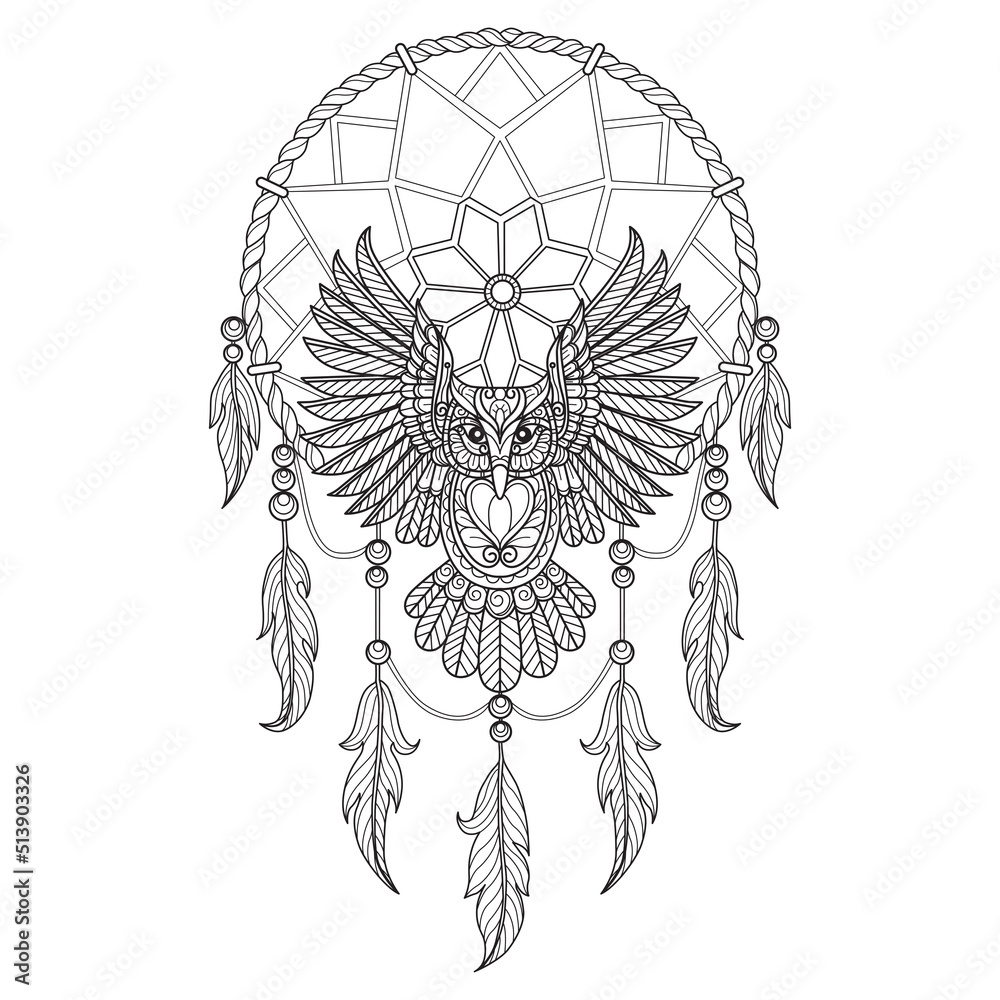 Fototapeta premium Owl and Dream catcher hand drawn for adult coloring book