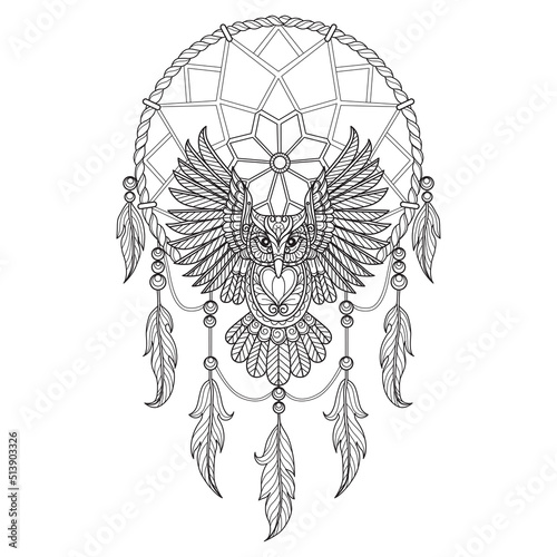 Owl and Dream catcher hand drawn for adult coloring book