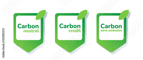 Carbon neutral, carbon credit, carbon zero emission labels icon set isolated on white. CO2 emission reduction concept design elements. Stop global warming, reduce greenhouse effect. Flat vector icons.