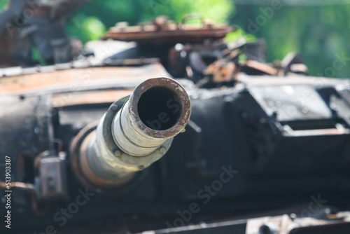 KHARKIV, UKRAINE - JUNE 27, 2022: A Russian tank destroyed by the Ukrainian military on a city street
