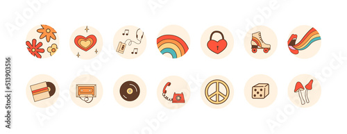 Hippie retro 60s 70s 80s highlights round icons set. Funky positive collection covers for social media insta blog. Vector flat cartoon style illustration.