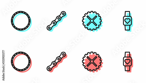 Set line Bicycle sprocket crank, wheel, chain and Smart watch icon. Vector