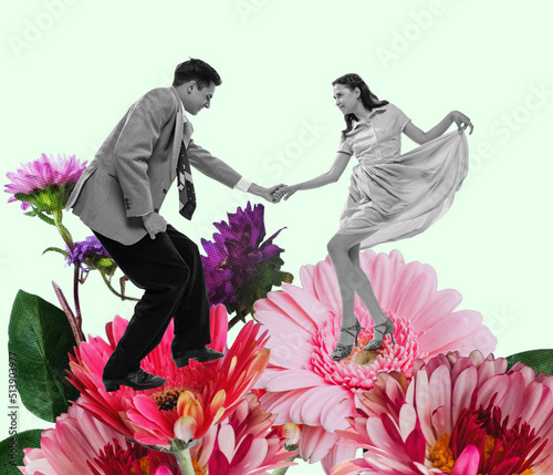 Young happy dancing man and woman in bright retro 70s, 80s style outfits dancing over colored floral background. Contemporary art collage.