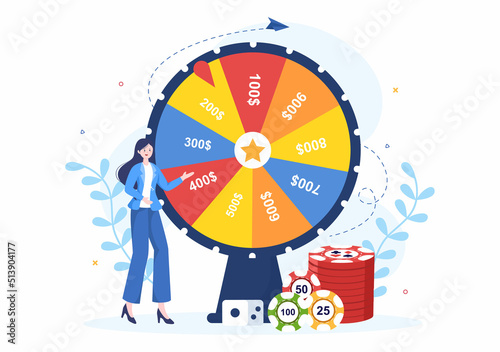 Casino Cartoon Illustration with Buttons, Slot Machine, Roulette, Poker Chips and Playing Cards for Gambling Style Design