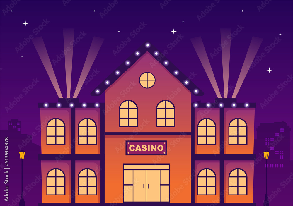 Casino Building Cartoon Illustration with Architecture, Lights and Purple Background for Gambling Style Design
