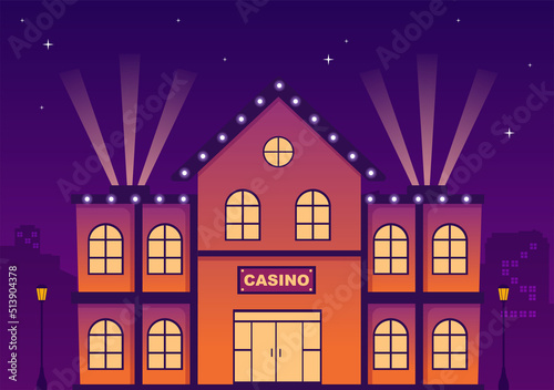 Casino Building Cartoon Illustration with Architecture, Lights and Purple Background for Gambling Style Design
