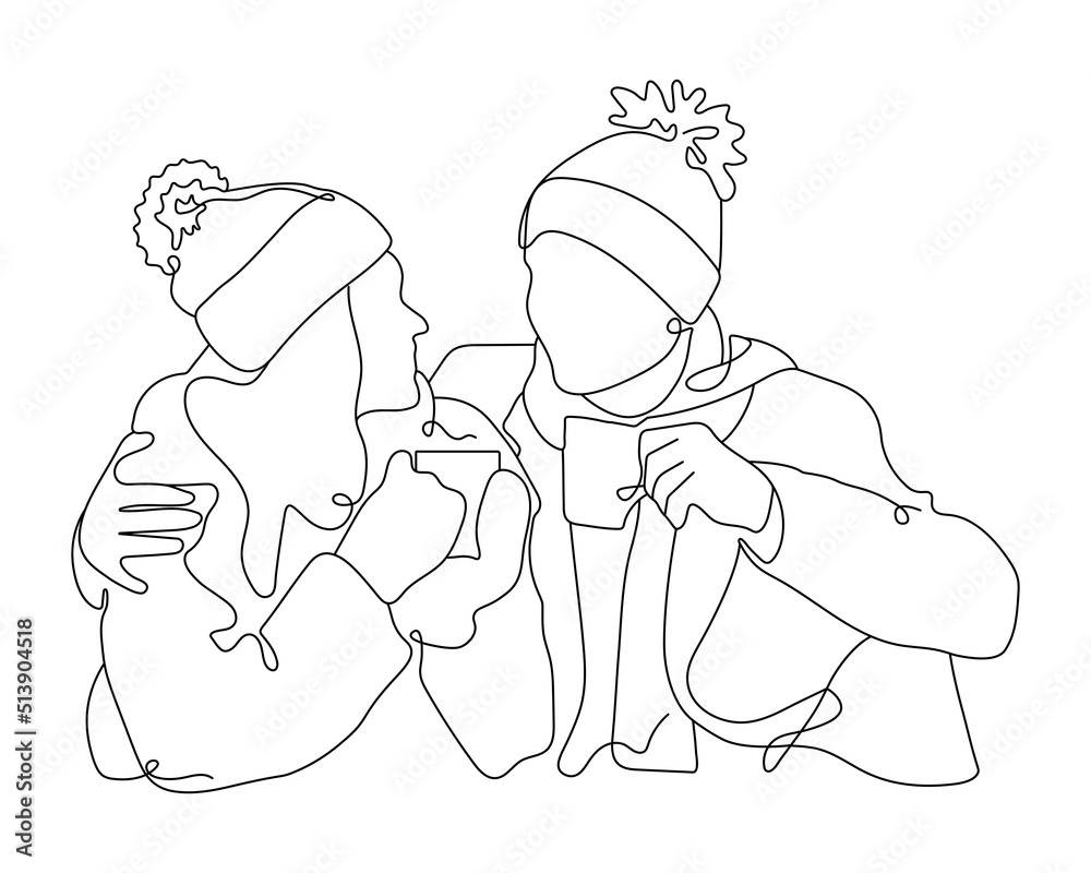 Fototapeta premium Line art vector illustration of Lovers pair. Lovers pair drink coffee. Concept of support, care and love.