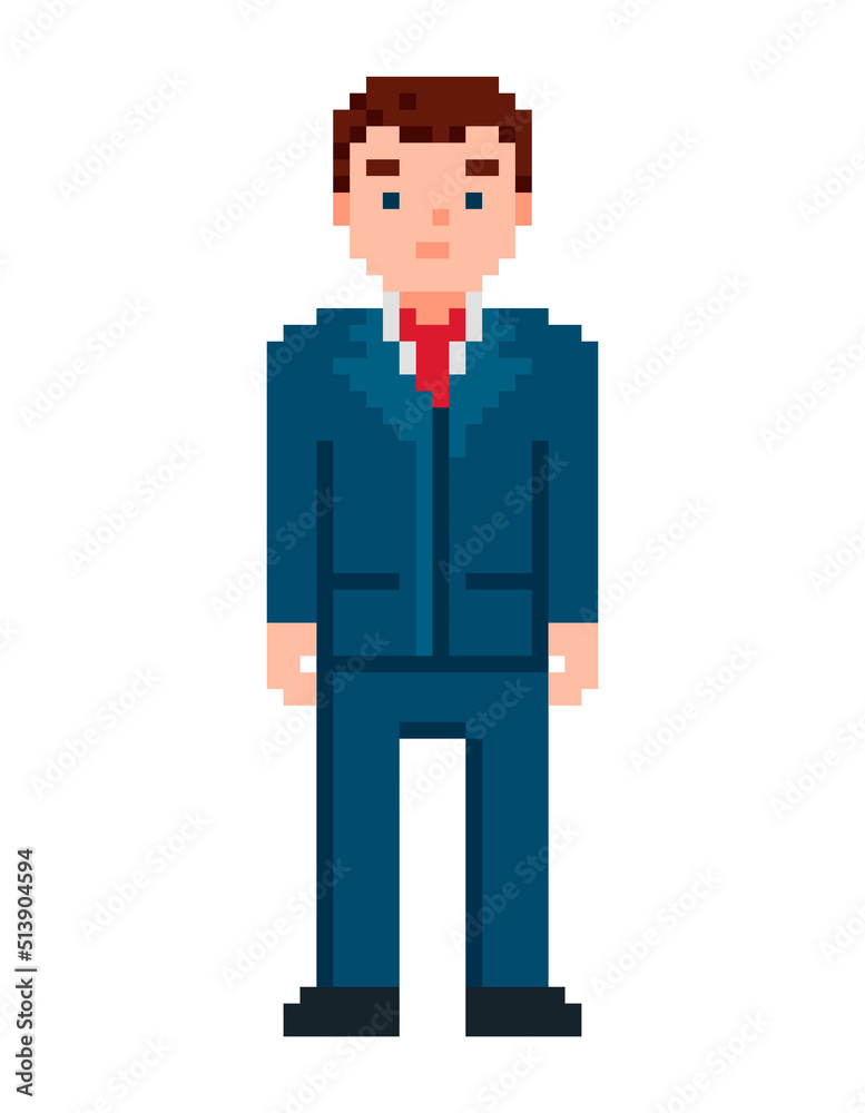 Office man pixel game style illustration. Businessman isolated on white background. Worker vector pixel art. 8 bit character icon.