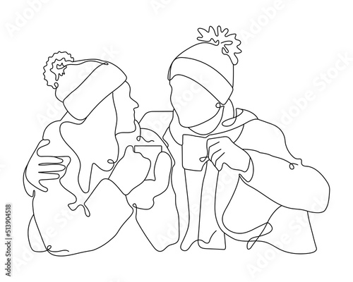 Line art vector illustration of Lovers pair. Lovers pair drink coffee. Concept of support, care and love.
