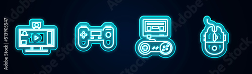 Set line Live streaming online, Gamepad, console with joystick and Computer mouse gaming. Glowing neon icon. Vector