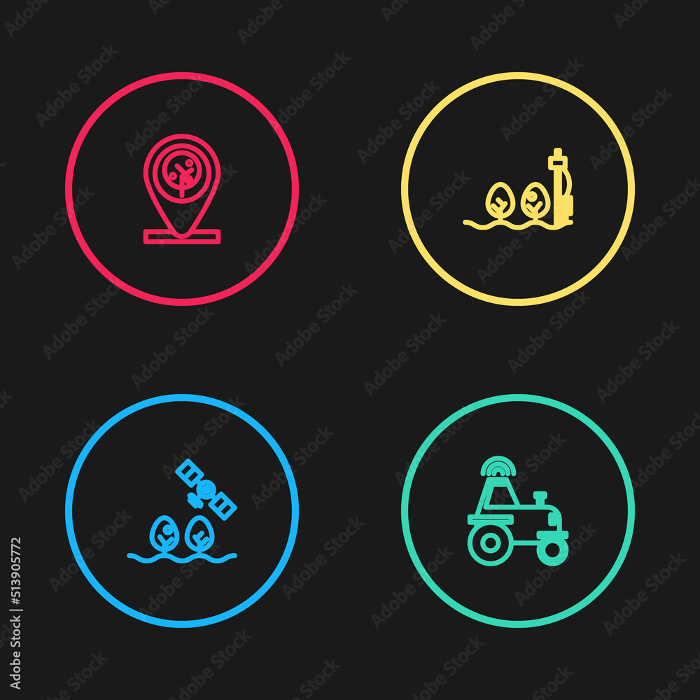 Set line Smart farm with drone, Wireless tractor smart, Standalone sensor and plant and Location tree icon. Vector Set line Smart farm with drone, Wireless tractor smart, Standalone sensor and plant and Location tree icon. Vector