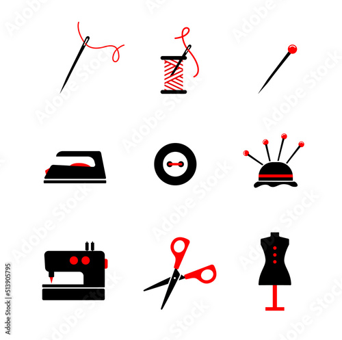 Icons set for tailor. needle with spool thread, iron, scissors,. Vector Sewing