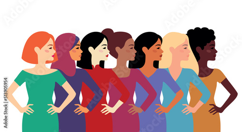 Multiethnic women group. Different cultures, ethnicity, hair and skin color. The struggle for rights and equality. Femininity, diversity, independence and equality. Female empowerment movement. 
