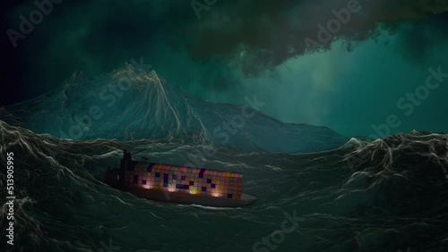 Cinematic 3D render of a cargo container ship sailing through a violent ocean storm. Massive waves, lightning strikes, and dark clouds create a dramatic maritime disaster scene.