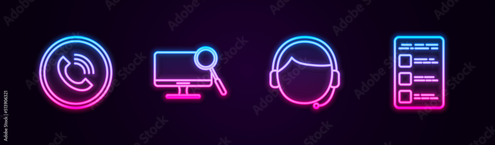 Set line Phone call, Computer monitor diagnostics, Man with headset and Create account screen mobile. Glowing neon icon. Vector Set line Phone call, Computer monitor diagnostics, Man with headset and Create account screen mobile. Glowing neon icon. Vector