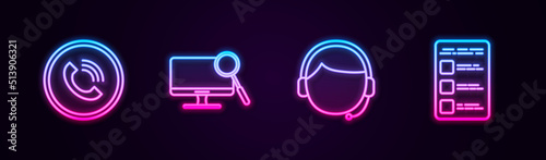 Set line Phone call, Computer monitor diagnostics, Man with headset and Create account screen mobile. Glowing neon icon. Vector