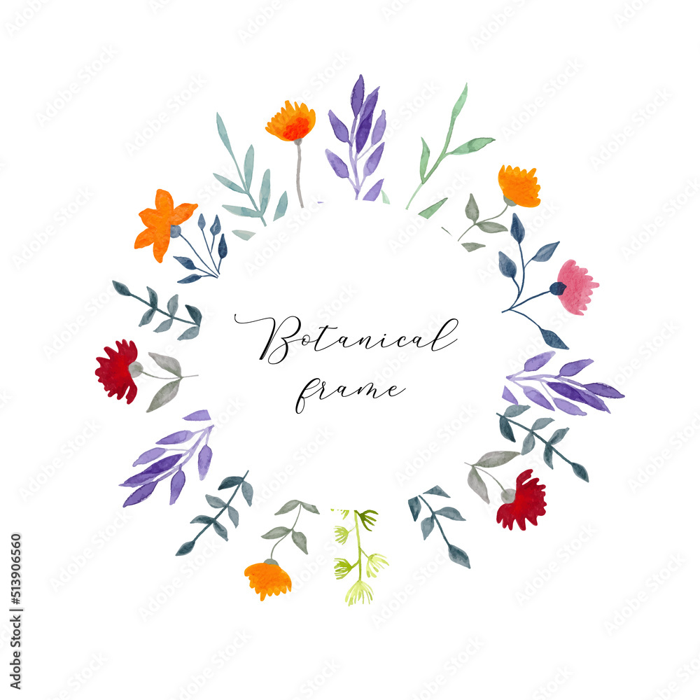 Floral Watercolour Wild Flowers Wreath. Set with Greenery, Green Leaves, Herbs and Branches, Flower, Foliage, Rustic. Botanical clip art isolated on white background. Vector illustration 