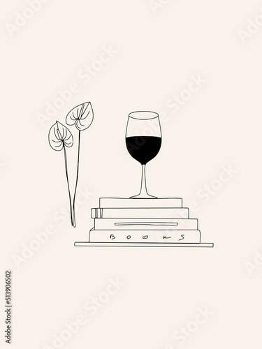 Line Art Wine Glass full of wine, Books and Growing Flower.Minimal Fashion Trendy Outline Wine and Reading book composition for wall art, poster, print, t-shirt. Linear Style. Vector illustration