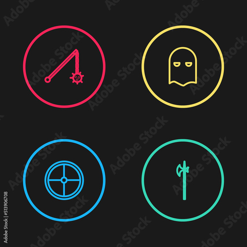 Set line Round wooden shield, Medieval halberd, Executioner mask and chained mace ball icon. Vector
