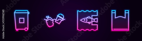 Set line Trash can, Problem pollution of the ocean, Stop plastic and Plastic bag. Glowing neon icon. Vector