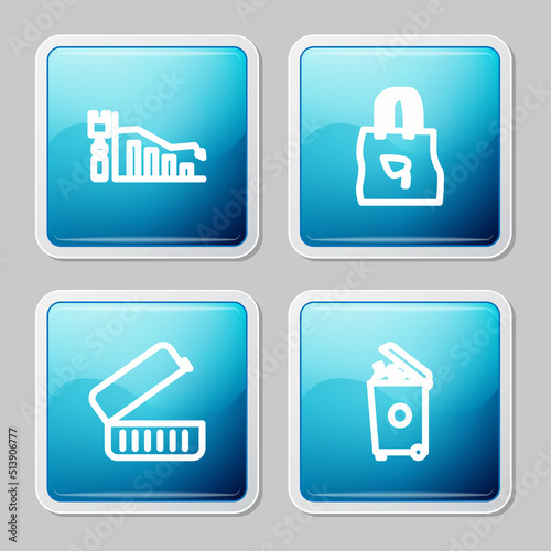 Set line Ecology infographic, Shopping bag with recycle, Lunch box and Trash can icon. Vector