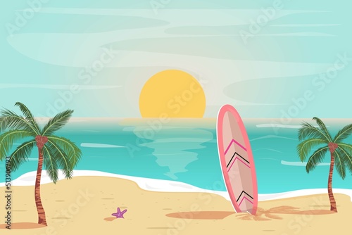  Summer tropical sunset with beach for cards, banners, backgrounds. Travel, vacation concept illustration.