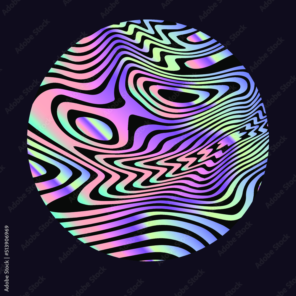 Holographic circle with glitched curves and wavy lines. Abstract geometric illustration for poster or logotype. Holographic circle with glitched curves and wavy lines. Abstract geometric illustration for poster or logotype.