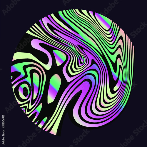 Holographic circle with glitched curves and wavy lines. Abstract geometric illustration for poster or logotype.