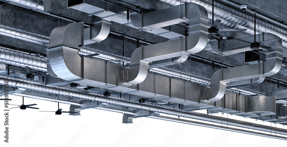 Air ventilation pipes system hanging from the ceiling inside commercial  building. Ceiling mounted air condition units, hanging fans,vents, steel  tubes, other industrial construction equipment parts 3D Stock-Illustration  | Adobe Stock