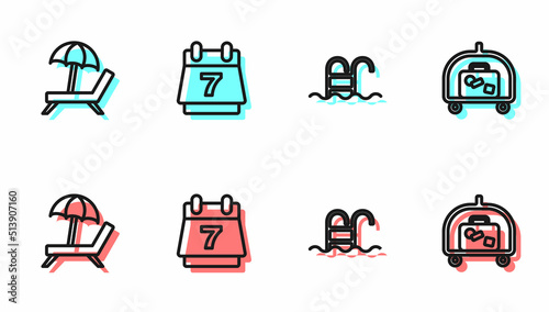 Set line Swimming pool, Sunbed with umbrella, Hotel booking calendar and luggage cart icon. Vector