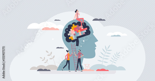 Color psychology study about colour affected perception tiny person concept. Behavior or feeling research for marketing or branding to predict consumer action vector illustration. Mental understanding photo