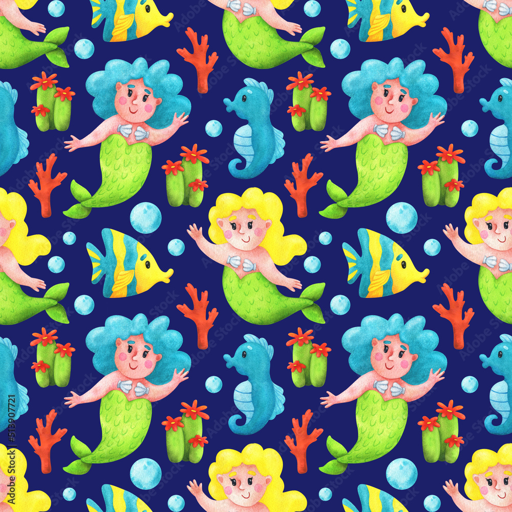 Naklejka premium Seamless pattern with bright mermaids on a blue background. Watercolor children's ornament with fabulous sea characters. Print for summer fabric, beach textiles, paper, packaging