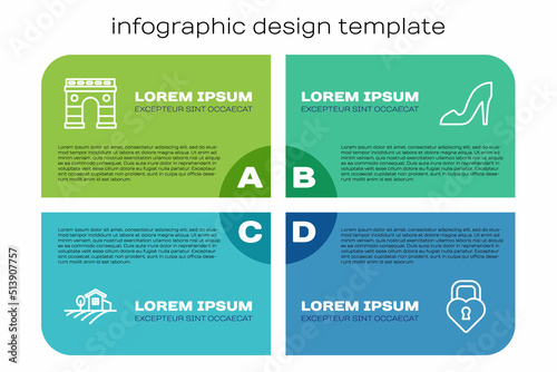 Set line Village landscape, Triumphal Arch, Castle in the shape of heart and Woman shoe. Business infographic template. Vector