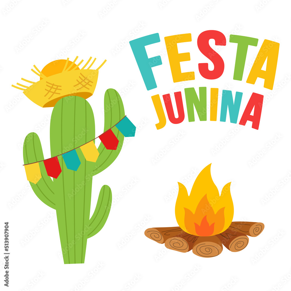 Vector illustration of Festa Junina traditional june festival, cactus with hat and flags with bonfire on blot background.