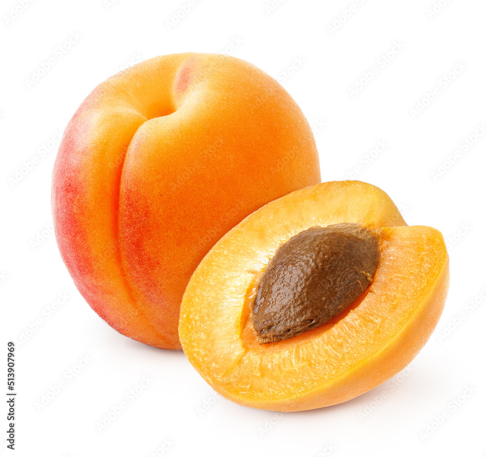 Apricot fruit with half of apricot and apricot kernel isolated on white background. Apricot fruit with half of apricot and apricot kernel isolated on white background.