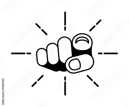 Index finger pointing at you. We want you concept. Vintage sunburst effect. Linear icon. Human hand gesturing towards you. Recruit poster design element. Vote. Vector illustration, flat, clip art. 