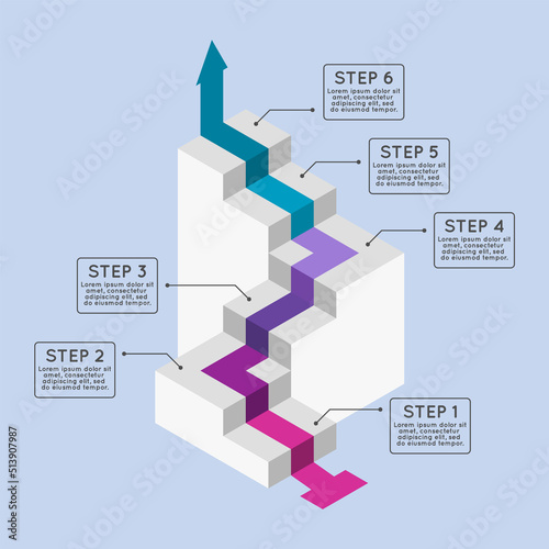 Stairs infographic with 6 steps. Colorful staircase with six options. Reaching goal or objective. 3D isometric diagram. Process, workflow layout. Business concept idea. Vector illustration, clip art. 