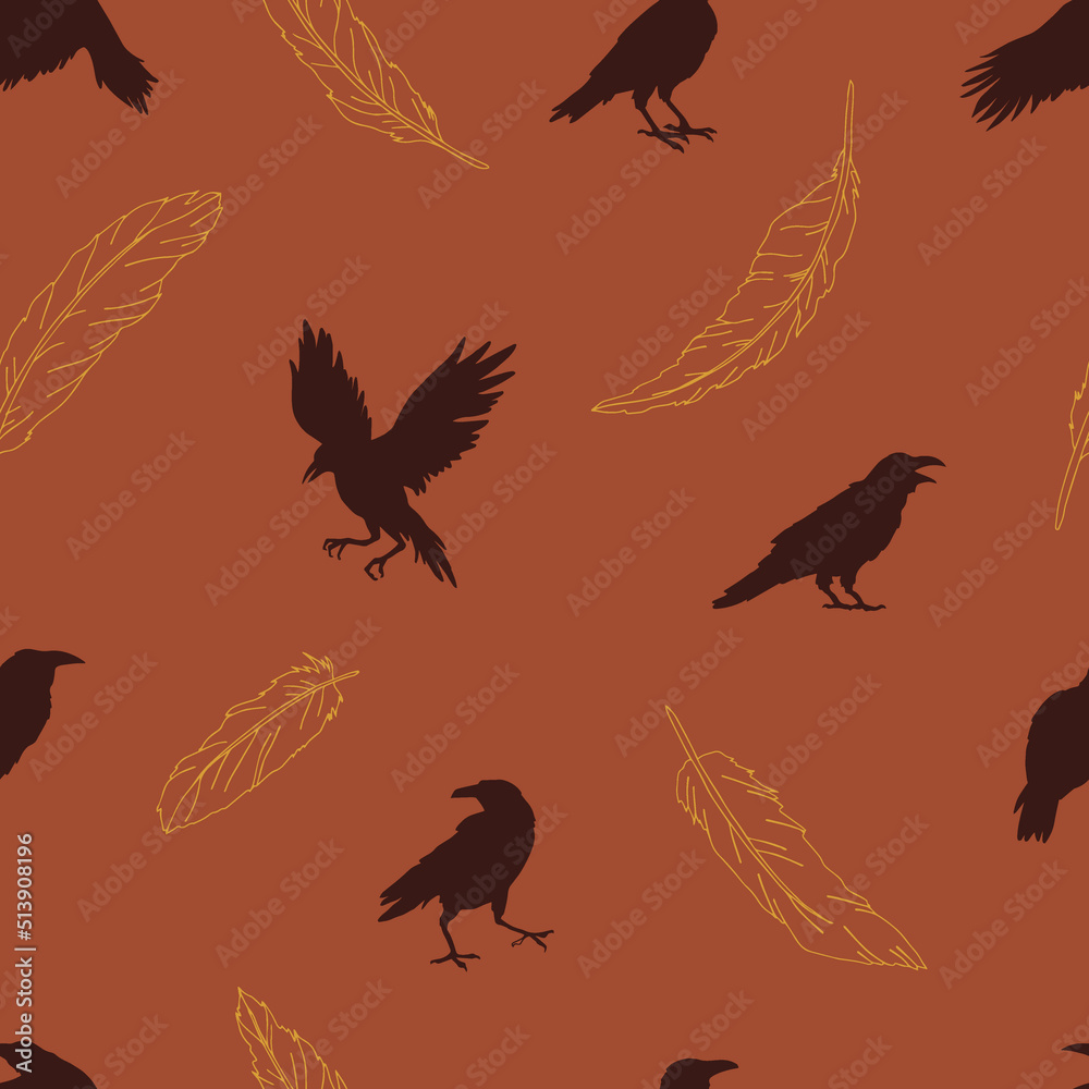 Fototapeta premium Black Crow silhouette in various poses bird feather vector seamless pattern. Line art retro raven figures background. Boho Halloween mystical surface design.
