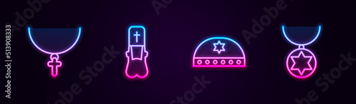 Set line Christian cross on chain, Priest, Jewish kippah with star of david and Star David necklace. Glowing neon icon. Vector