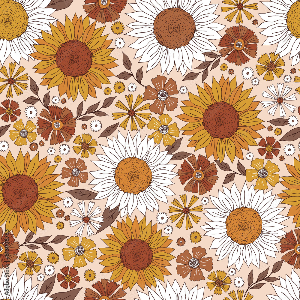 Boho fall floral sunflower daisy vector seamless pattern. Autumn flowers garden background. Groovy Halloween flower power print.