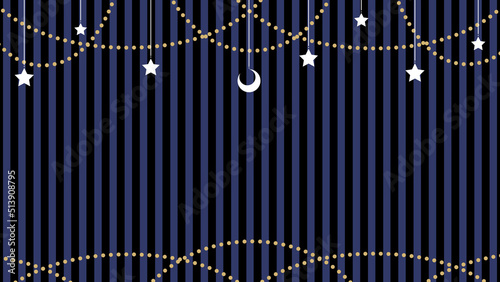 ストライプの背景に浮かぶ月と星と電飾のガーランド　背景イラスト